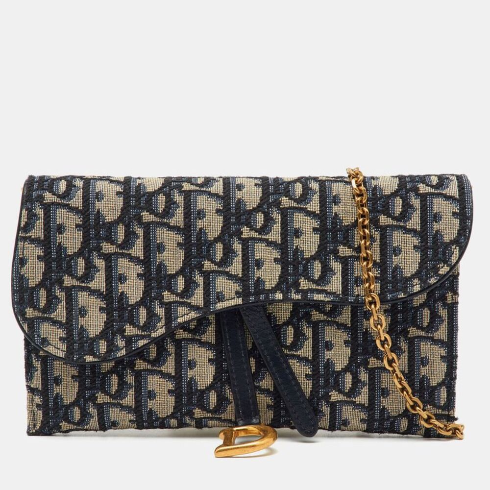 Dior Navy Blue Oblique Canvas And Leather Saddle Wallet On Chain